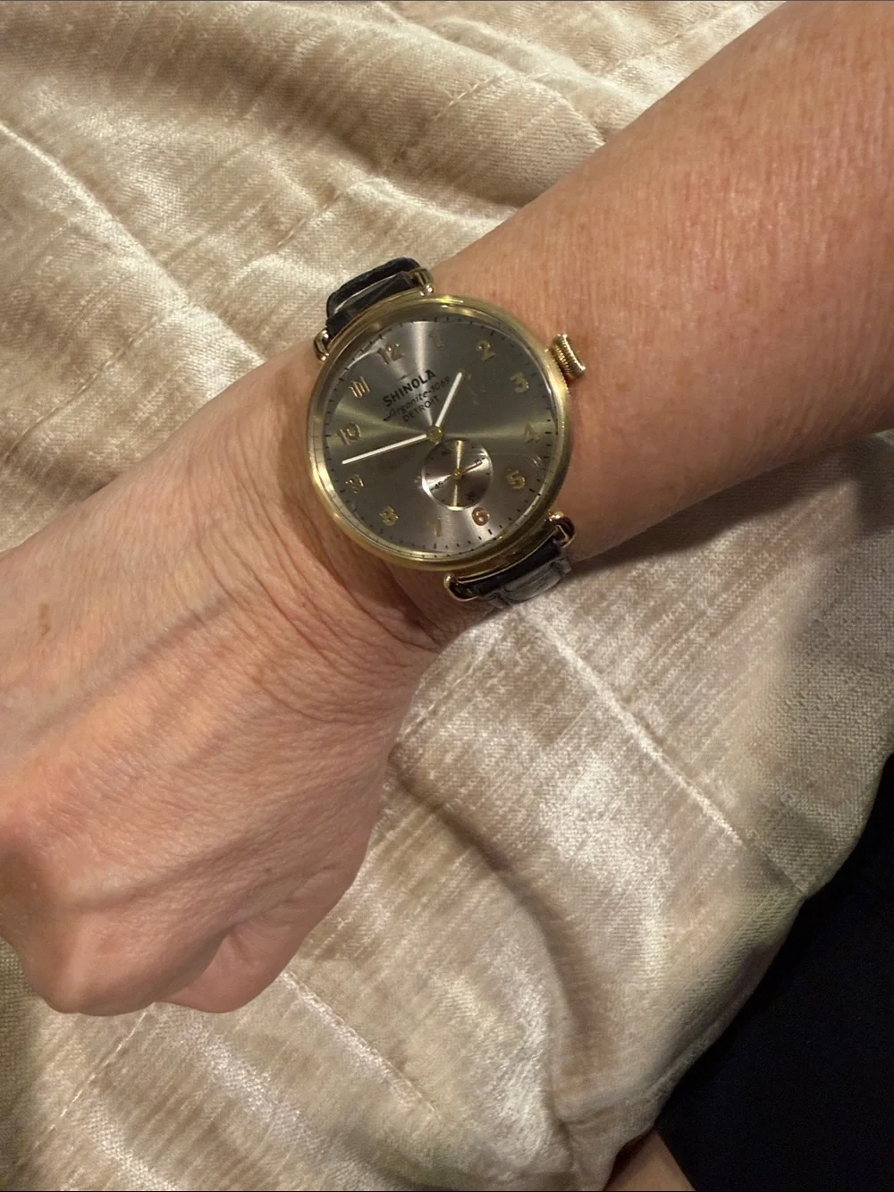 Shinola Canfield watch with croc embossed leather strap